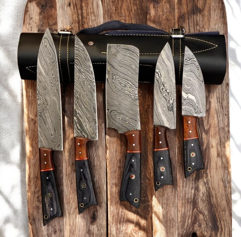 Handmade Damascus Kitchen Knives Set with Leather Roll