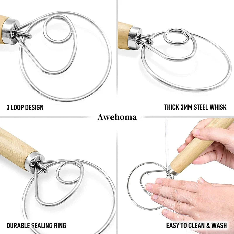 Large Hand Danish Dough Whisk Bread Mixer Stainless Steel Cake Pastry Dough Mixer Stick Egg Beater Kitchen Baking Blender Tools