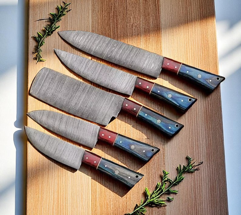 Damascus Kitchen Knife Set – 5-Piece Full Tang Forged Blades